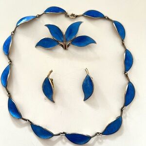 David Andersen 925 silver and enamel Blue Leaf Necklace, Brooch and Earring Set